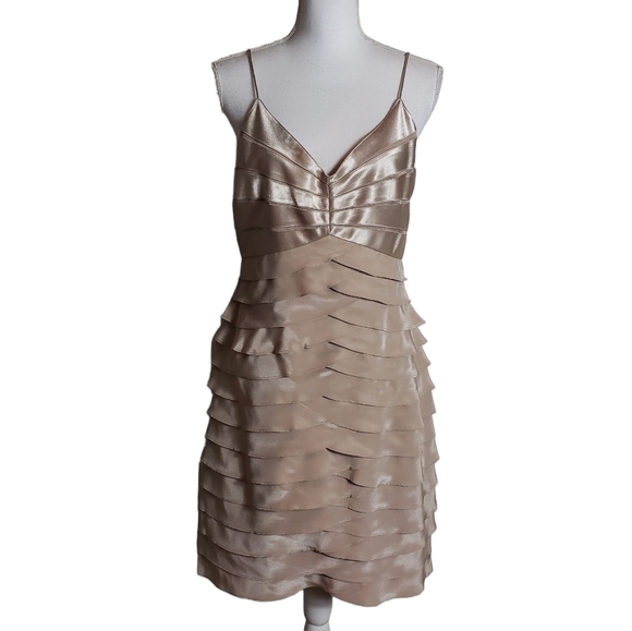 Eliza J Champagne Gold Satin Cocktail Evening Party Dress Sz 12P Shutter Layers